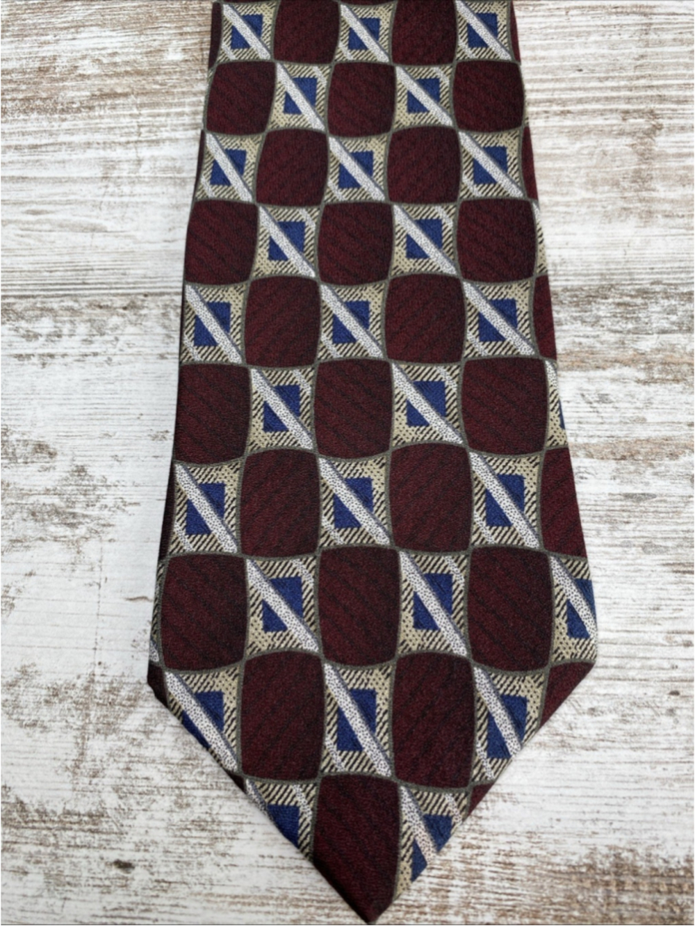 Como Collezione Silk Tie Burgundy Blue Geometric Vintage Mens Necktie